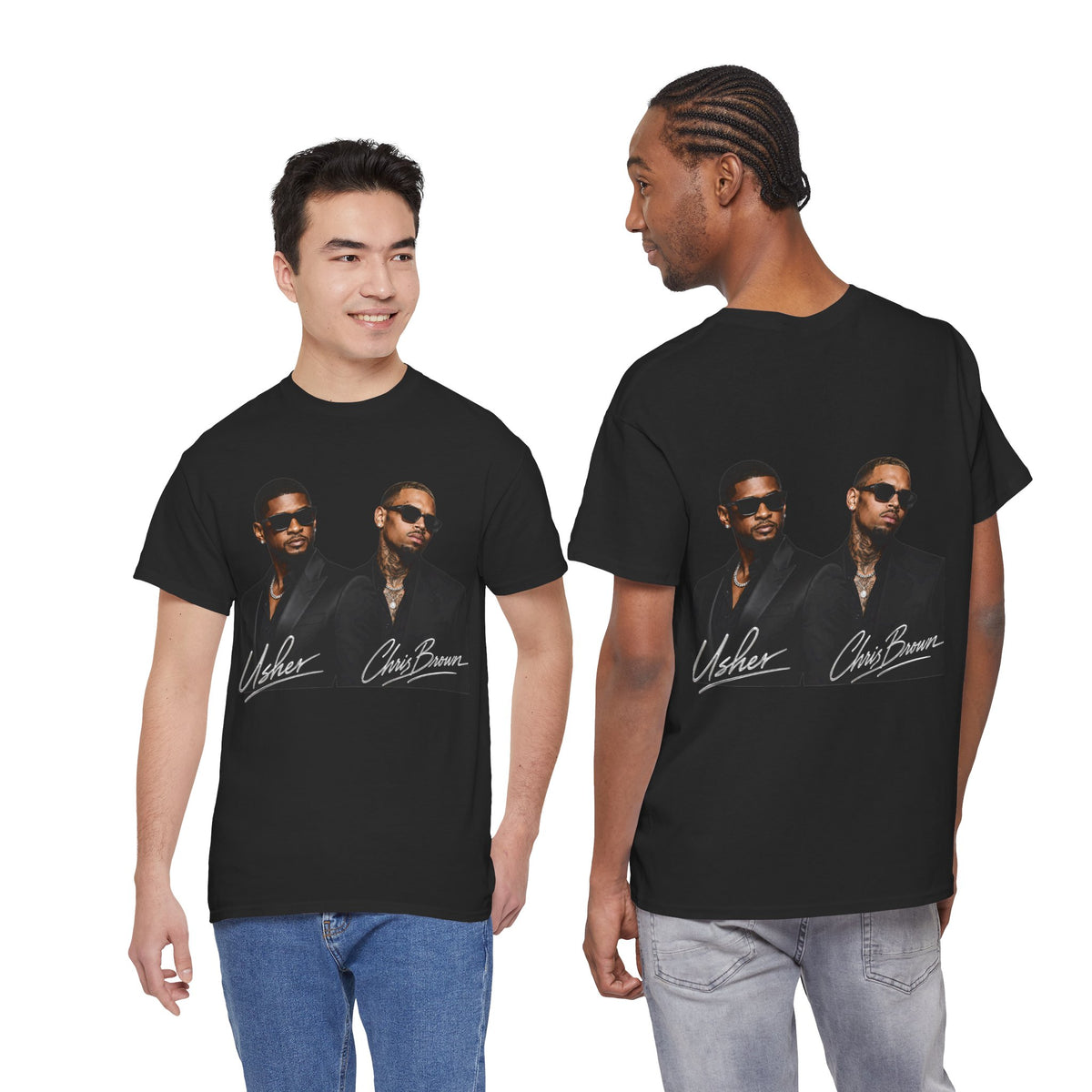 A Chris Brown Usher Raymond Concert RB Portrait Graphic Tee | Retro Double-Image Music Silhouette