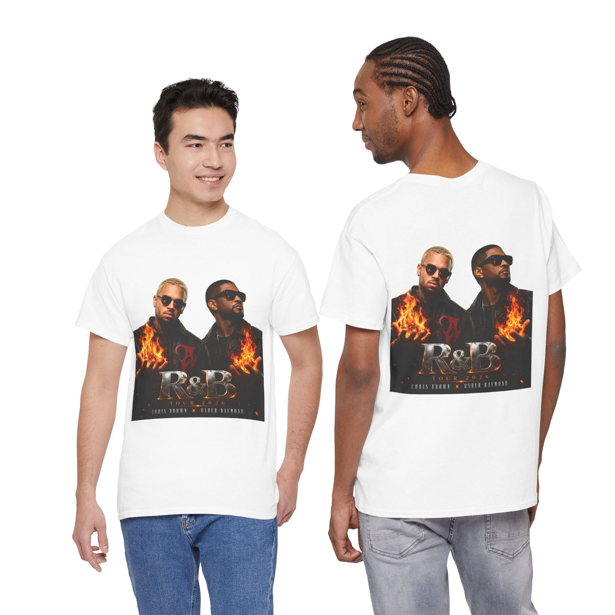 Chris Brown Usher Raymond Concert RB Portrait Graphic Tee | Retro Double-Image Music Silhouette