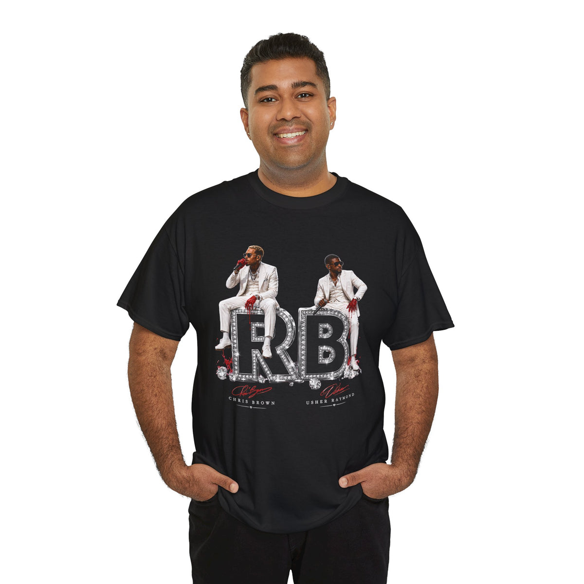 Usher Raymond Chris Brown RB Duo Graphic Tee | Black Rhinestone Lettering, Male Singers Illustration
