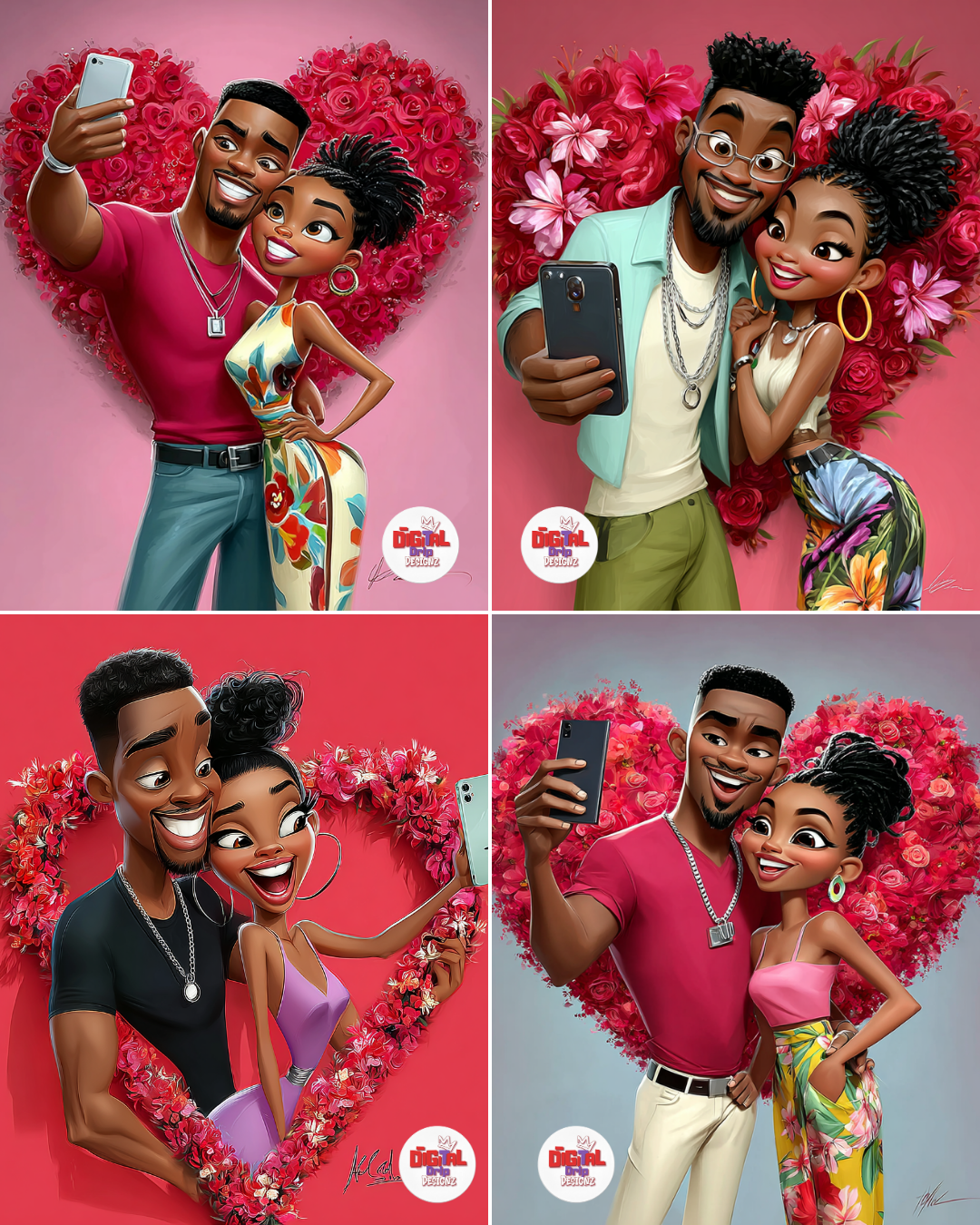 Selfie Love Valentine Image Bundle: African American Couple Selfies, stickers, cards, social posts. image