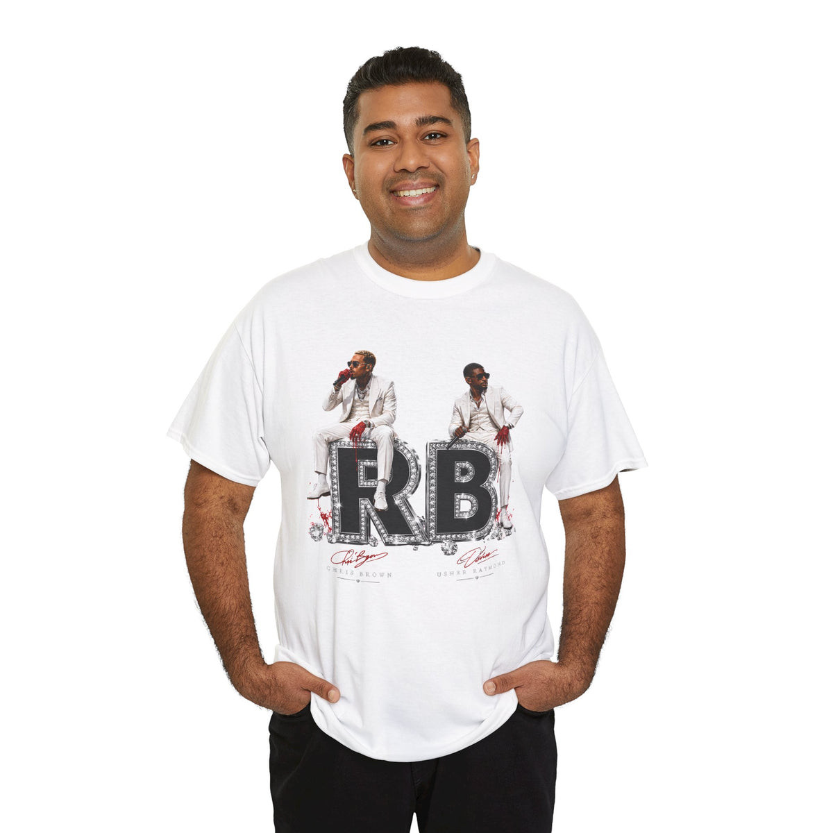 Usher Raymond Chris Brown RB Duo Graphic Tee | Black Rhinestone Lettering, Male Singers Illustration