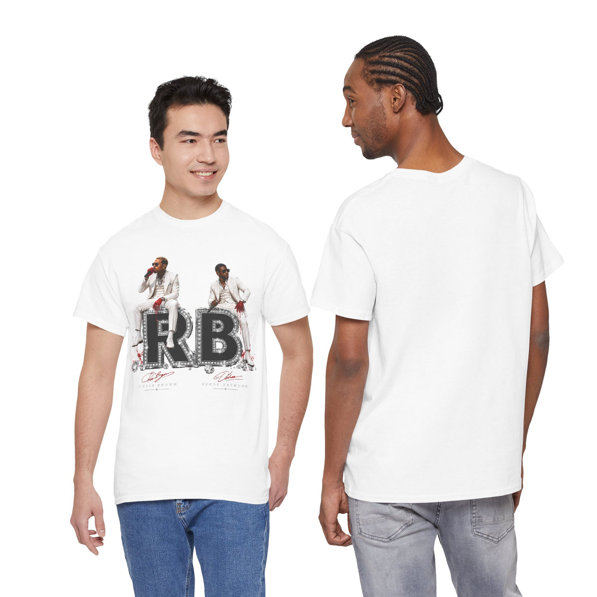 Usher Raymond Chris Brown RB Duo Graphic Tee | Black Rhinestone Lettering, Male Singers Illustration
