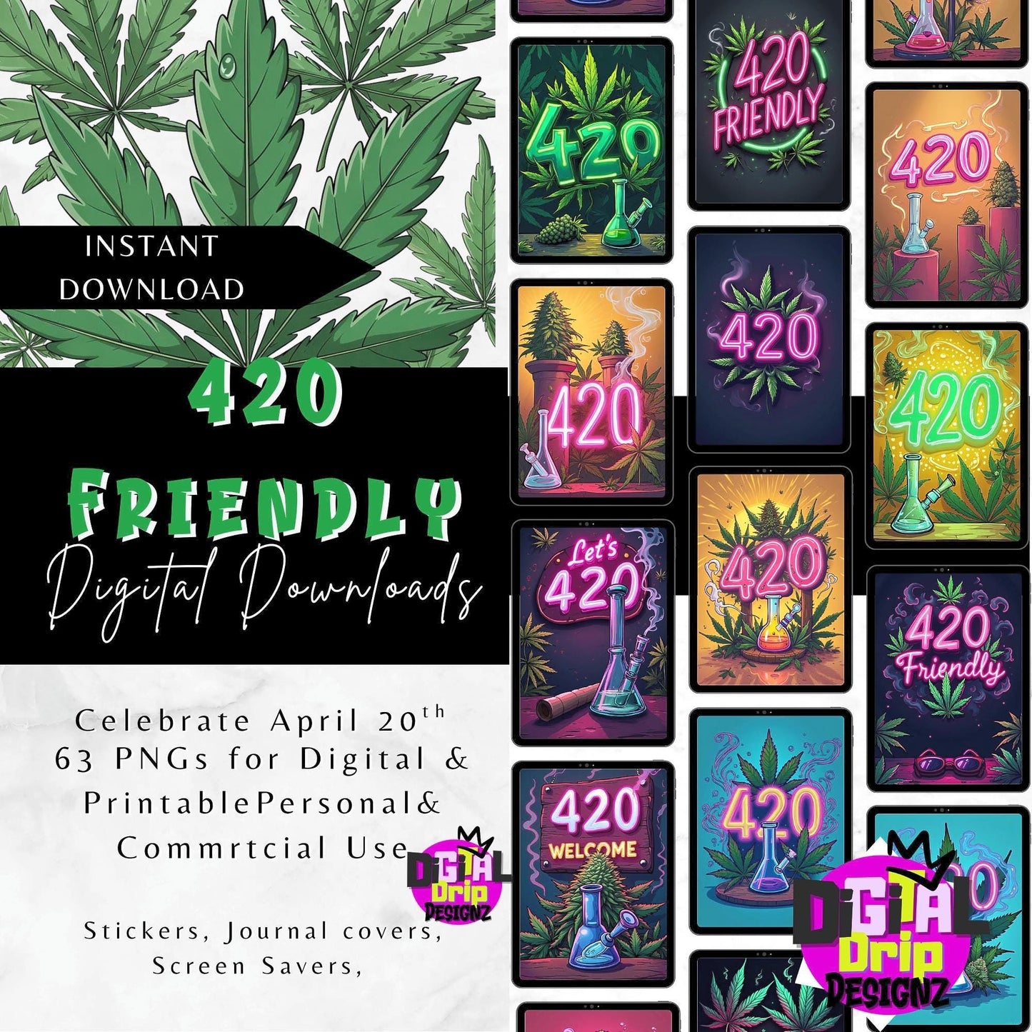 50+ 420 Friendly PNG Bundle | Neon Cannabis Clipart | Leaves, Weed, Smoke & Edgy Aesthetic | Digital Download for Sublimation, Stickers,