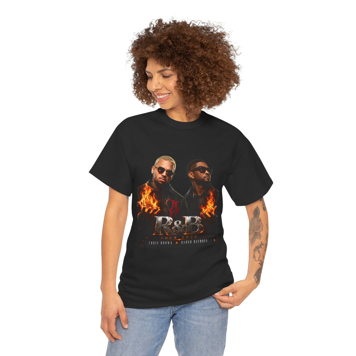 Chris Brown Usher Raymond Concert RB Portrait Graphic Tee | Retro Double-Image Music Silhouette
