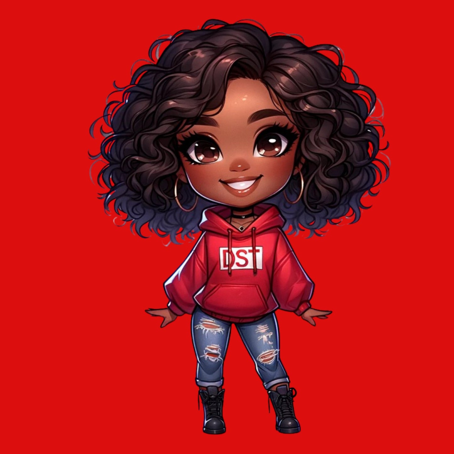 African American Chibi DST “All SMILES” Diva in red DST Sorority hoodie.