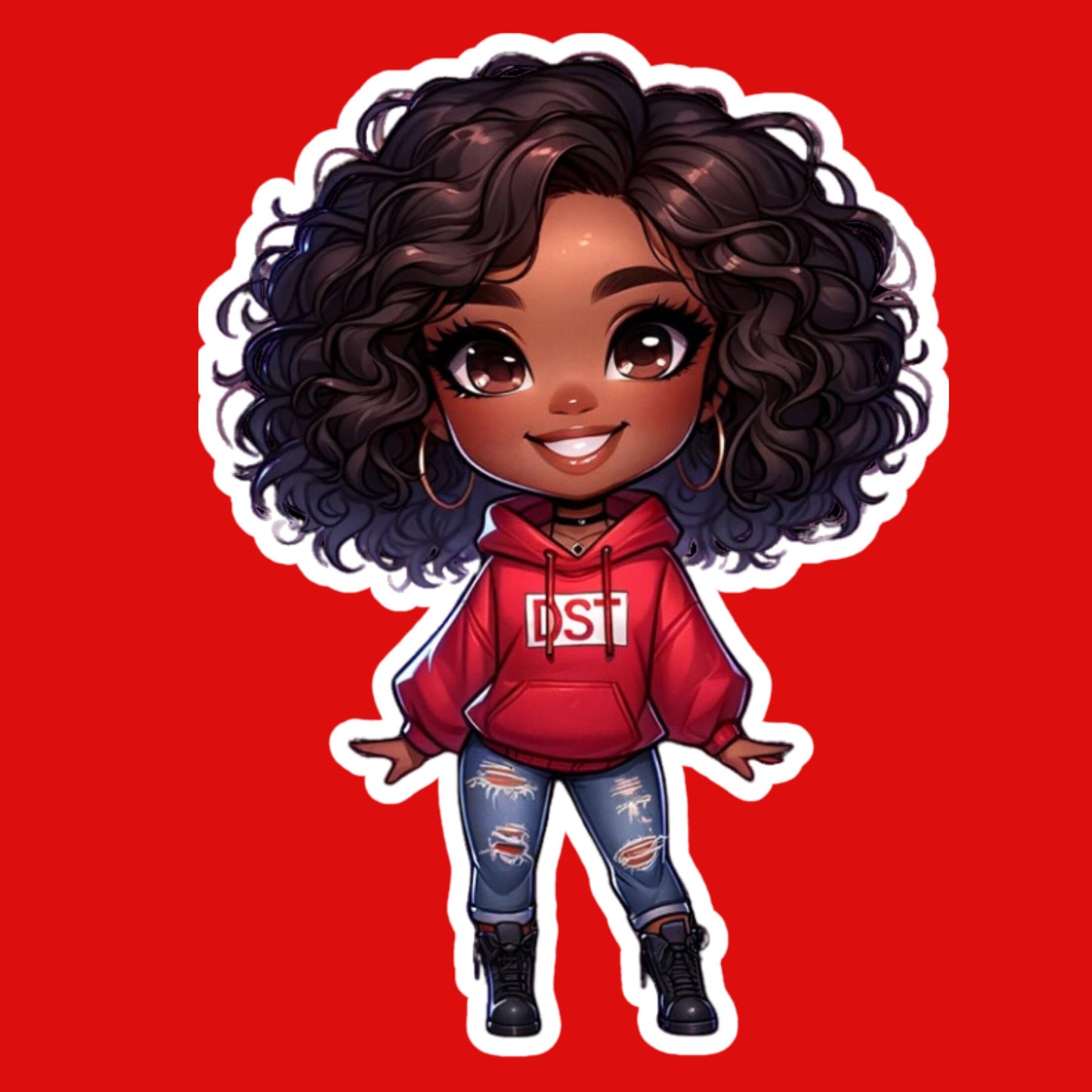 African American Chibi DST “All SMILES” Diva in red DST Sorority hoodie.