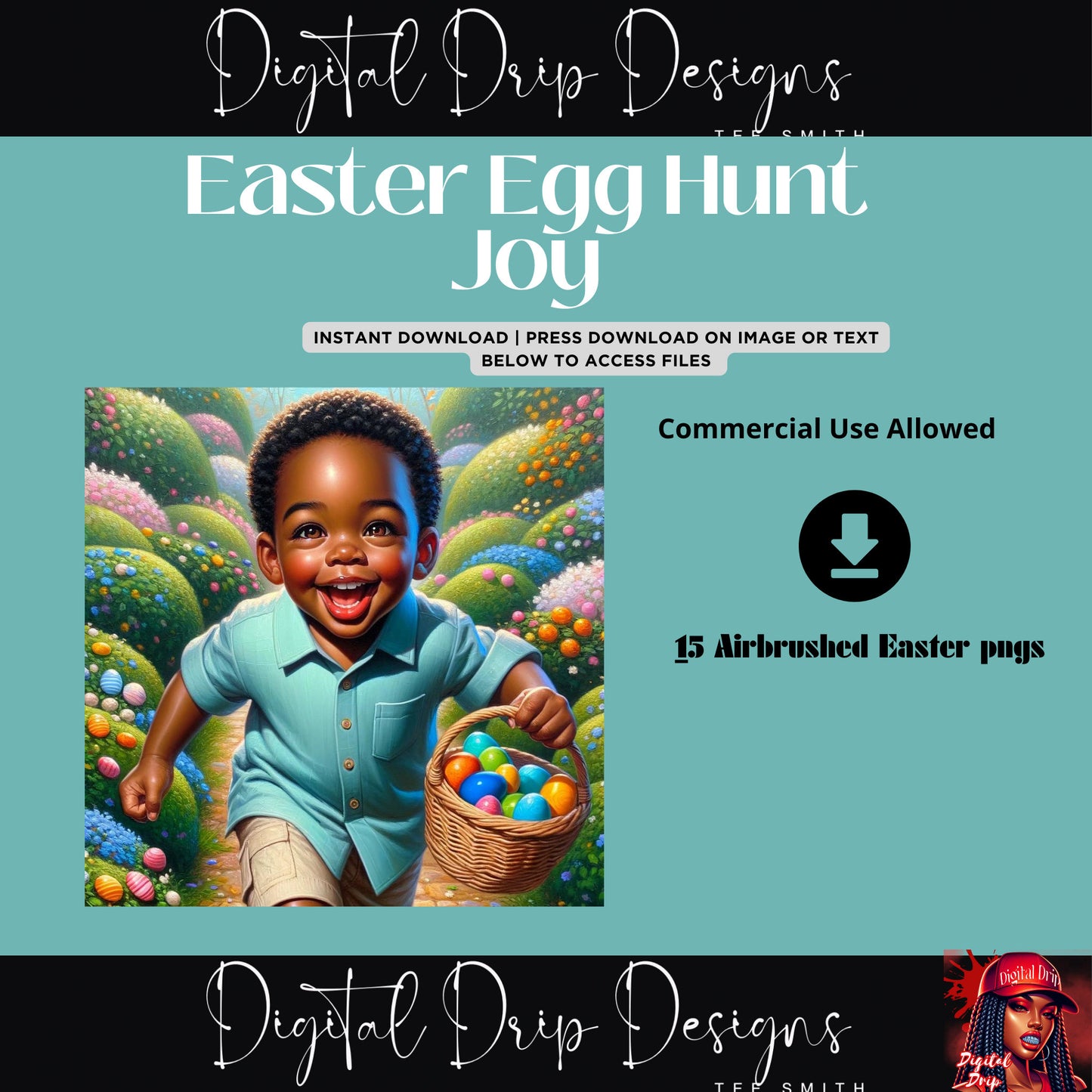 Hoppy Easter Egg Hunt Joy African American| dolls |sublimation| journals |stickers| GoodNotes| Ai Art| Easter Baskets,T shirts