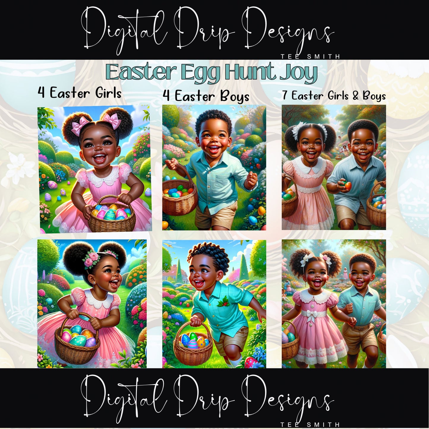 Hoppy Easter Egg Hunt Joy African American| dolls |sublimation| journals |stickers| GoodNotes| Ai Art| Easter Baskets,T shirts