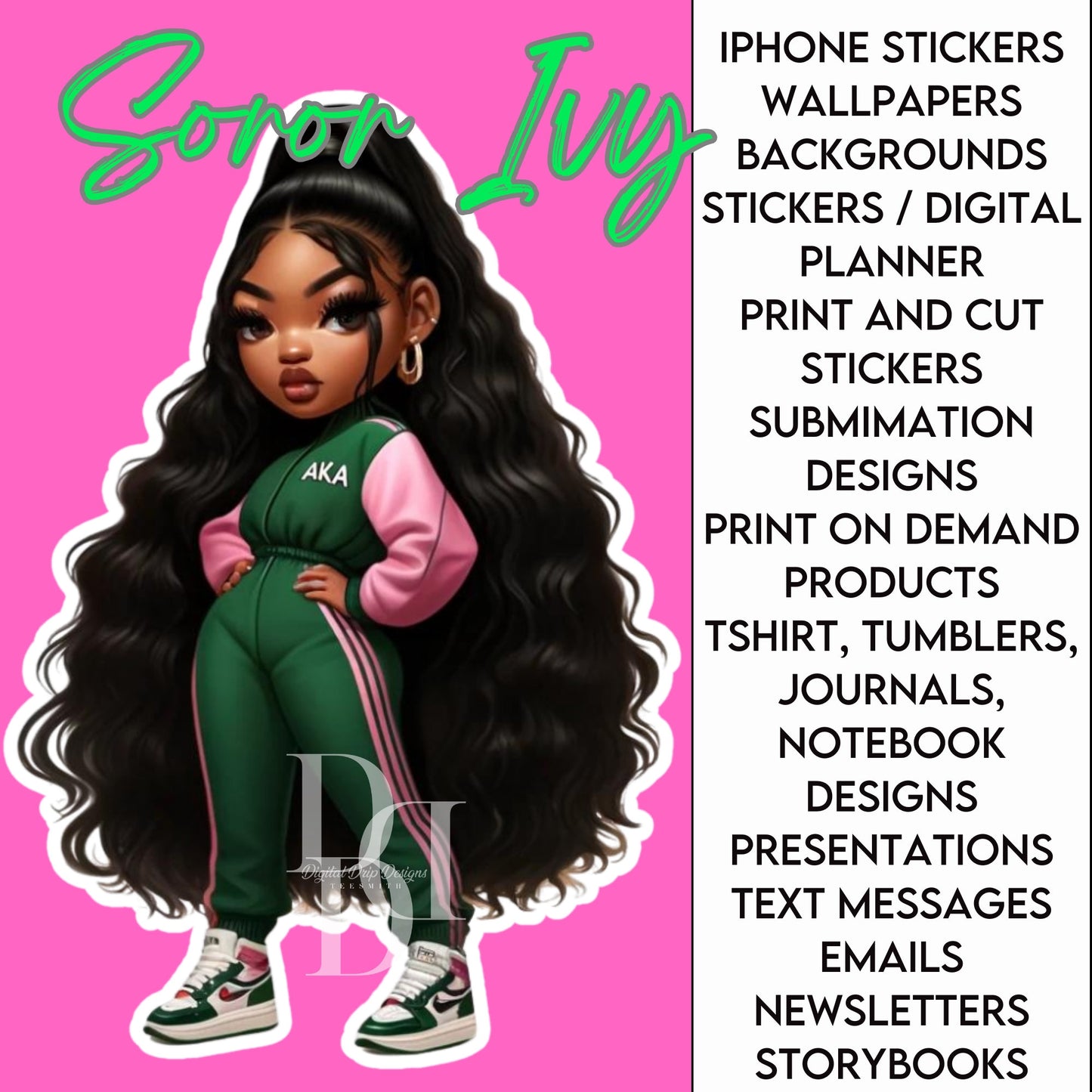 Soror IVY African American “Sorority Special: AKA Themed Chibi Doll, Versatile Alpha Kappa Alpha Digital Download, PNG Clipart