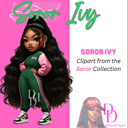 Soror IVY African American “Sorority Special: AKA Themed Chibi Doll, Versatile Alpha Kappa Alpha Digital Download, PNG Clipart