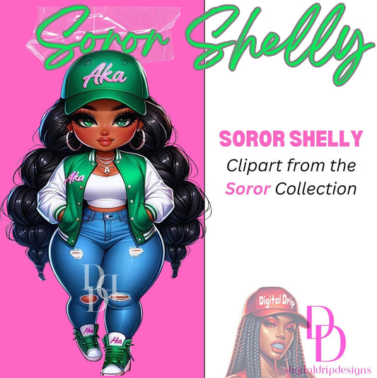 Soror SHELLY African American “Sorority Special: AKA Themed Chibi Doll, Versatile Alpha Kappa Alpha Digital Download, PNG Clipart