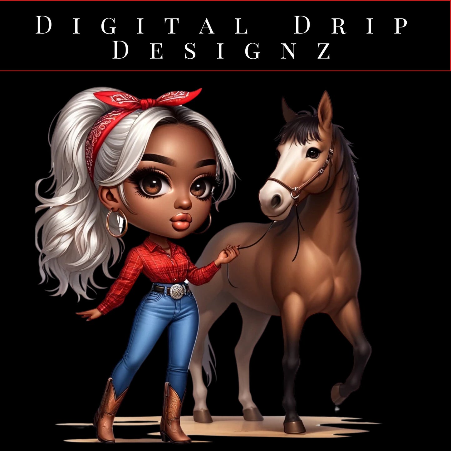 Trendy Unique African American Chibi - JOLENE- Cowgirl in RED PNG - Dolly Parton & Beyoncé Fusion - Digital Western Art - Instant Download”