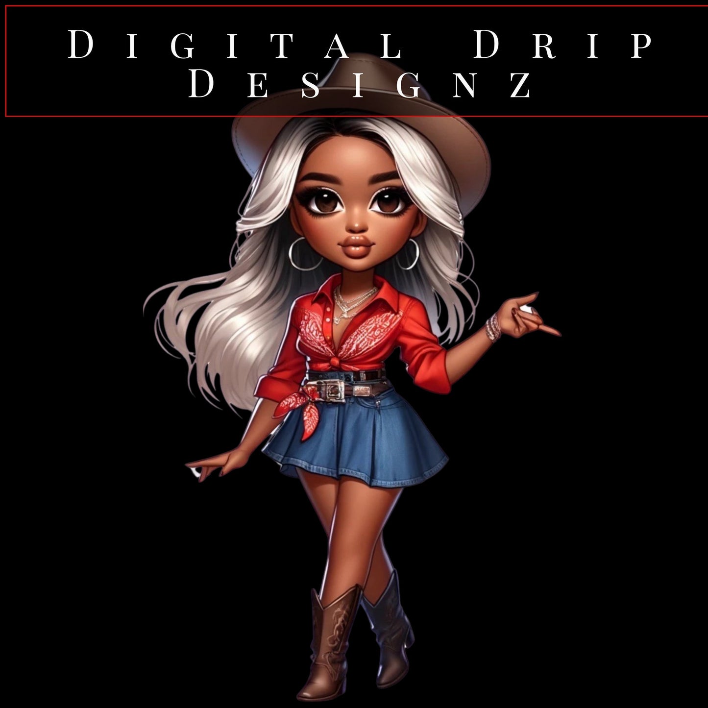 Trendy Unique African American Chibi - JOLENE- Cowgirl in RED PNG - Dolly Parton & Beyoncé Fusion - Digital Western Art - Instant Download”