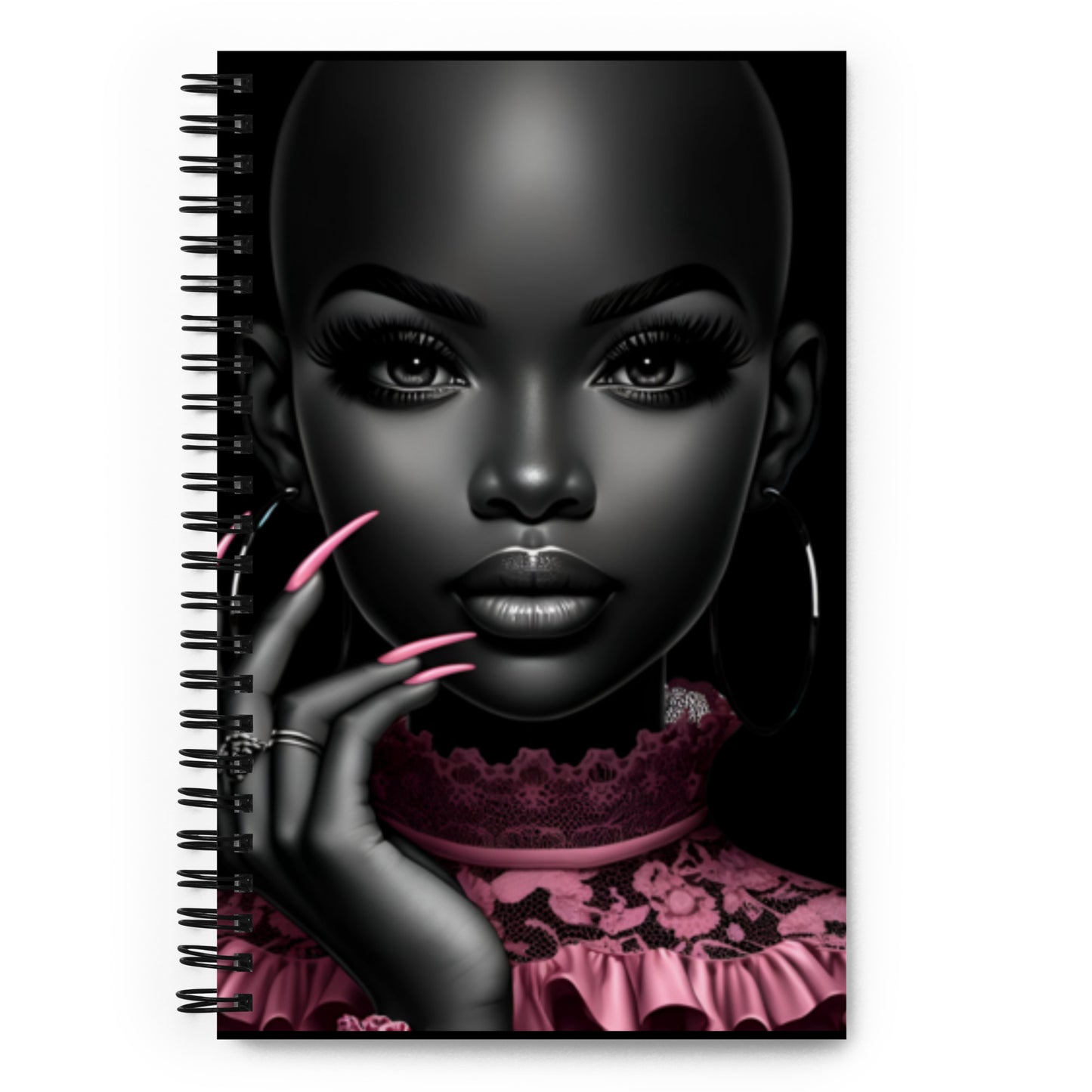 Black Bald Beauty in Pink Spiral notebook