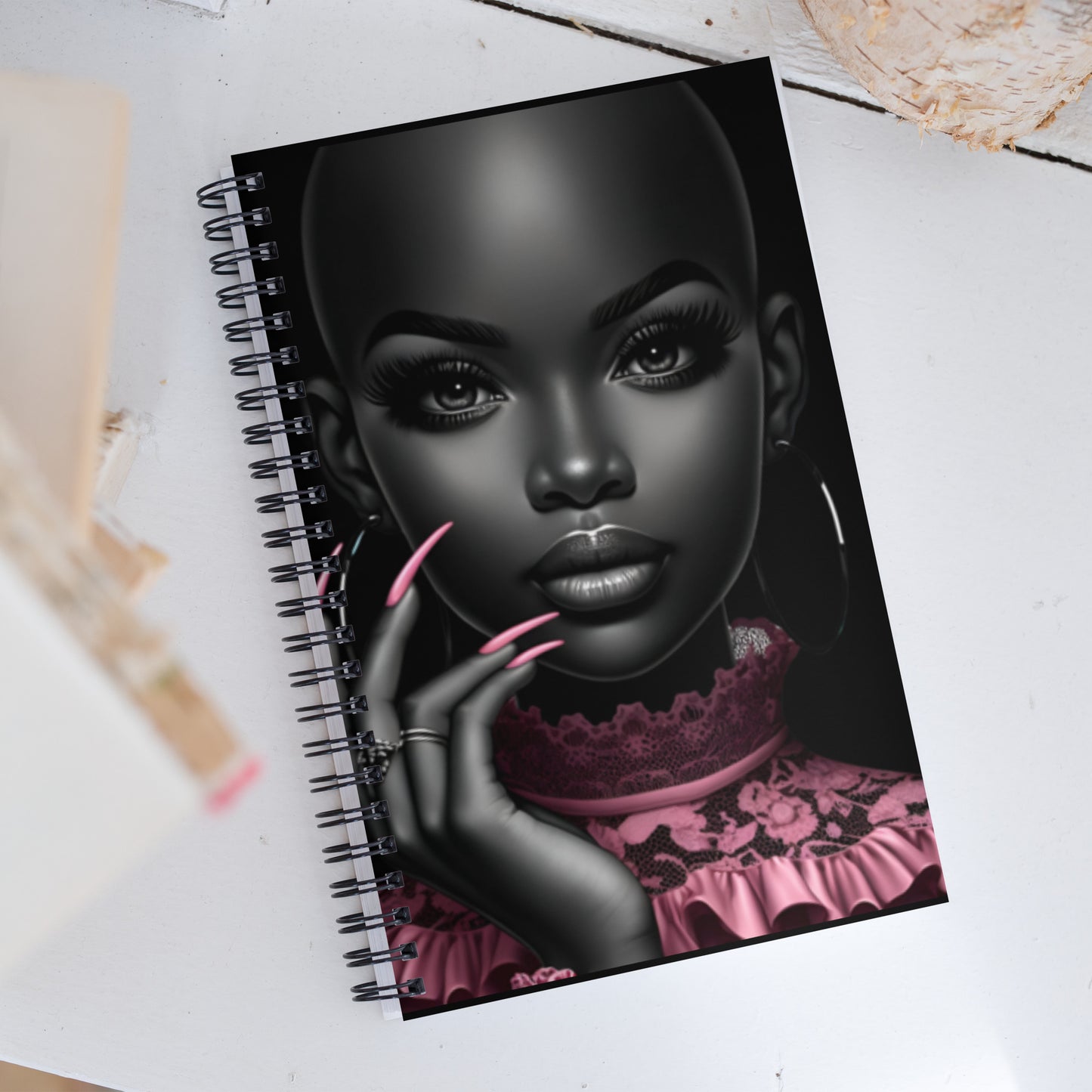 Black Bald Beauty in Pink Spiral notebook