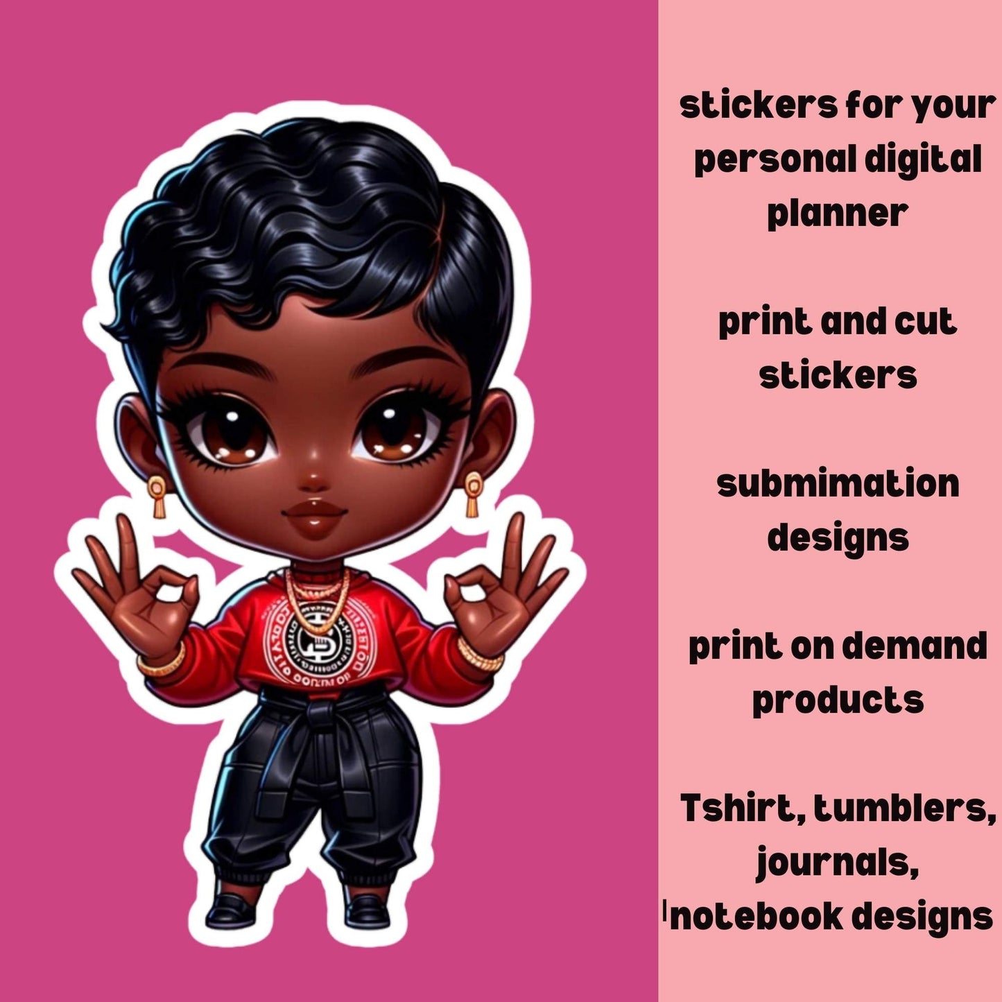 Everything is Ok! Red Pixie Cut Clipart Culture-inspired African American Chibi Doll PNGs | Perfect for GoodNotes, iPhone, Sublimation+More!