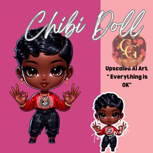 Everything is Ok! Red Pixie Cut Clipart Culture-inspired African American Chibi Doll PNGs | Perfect for GoodNotes, iPhone, Sublimation+More!