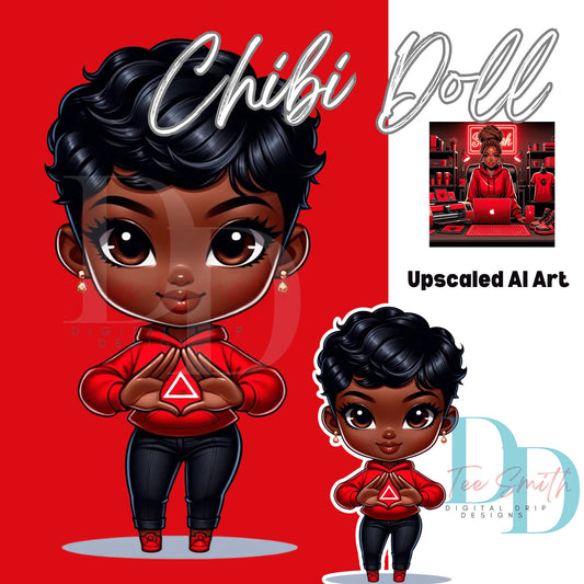 African American Sorority Special: Delta Themed Chibi Doll, Versatile Digital Download, PNG