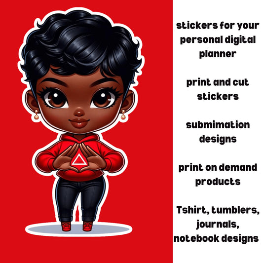 African American Sorority Special: Delta Themed Chibi Doll, Versatile Digital Download, PNG