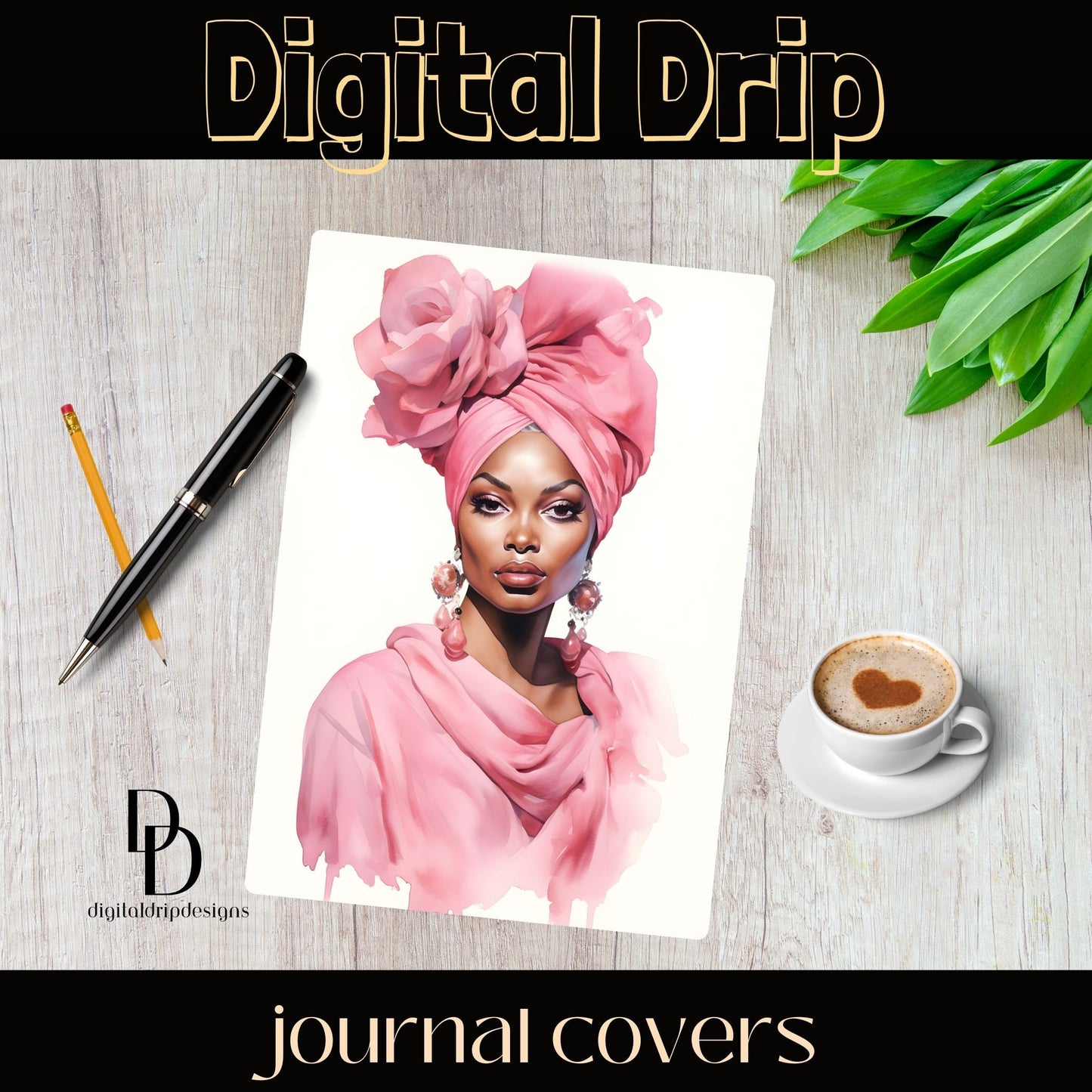 Crowned of Pink Journal Covers| Breast Cancer| Png| Digital download Illustrations| Black Women|head wrap