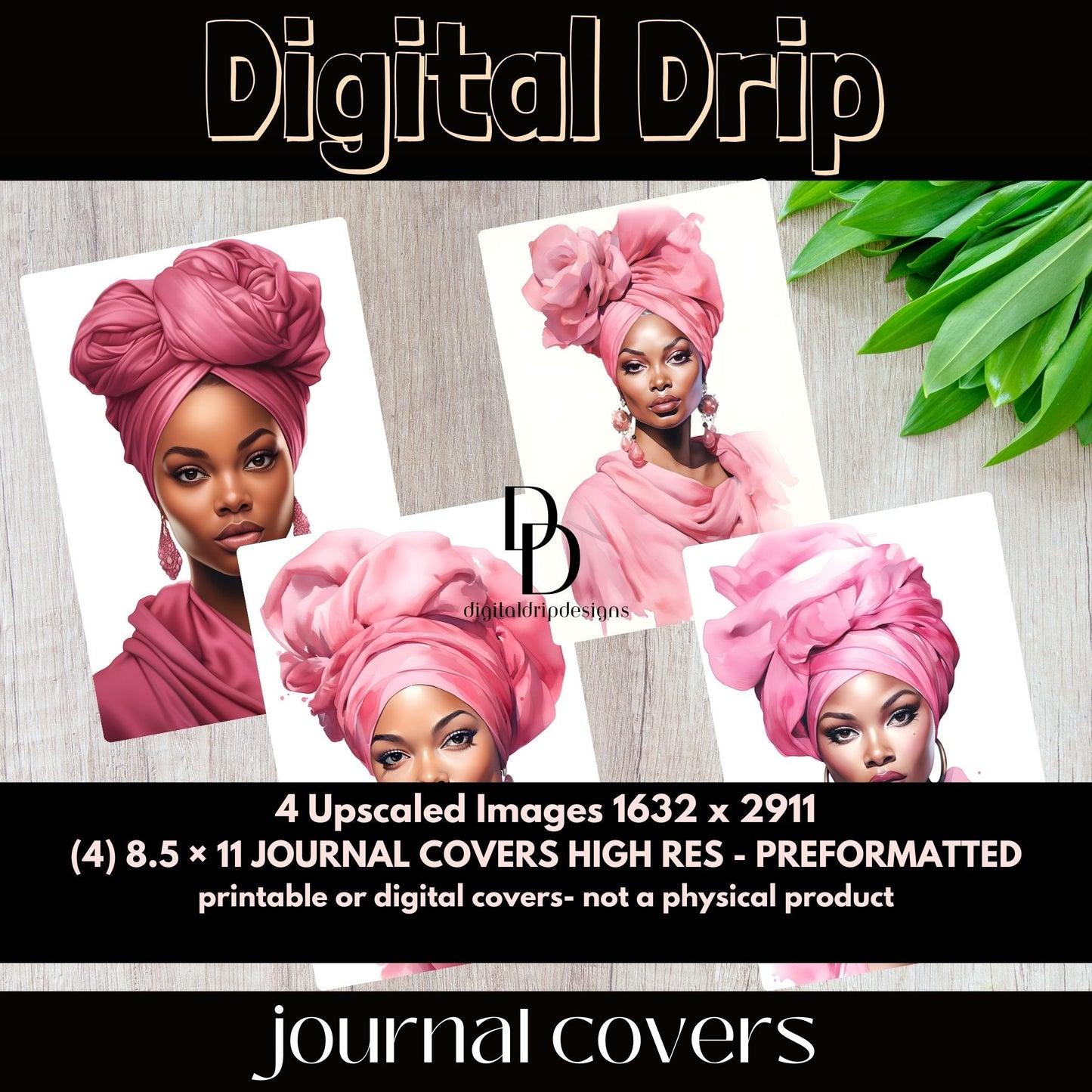 Crowned of Pink Journal Covers| Breast Cancer| Png| Digital download Illustrations| Black Women|head wrap